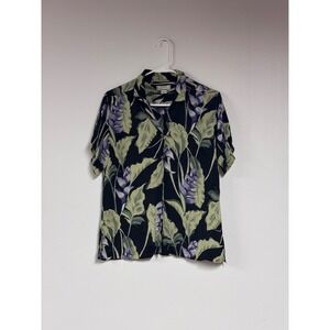 Tommy Bahama Mens 100% Silk Tropical Floral Camp Shirt Black Purple Green Medium